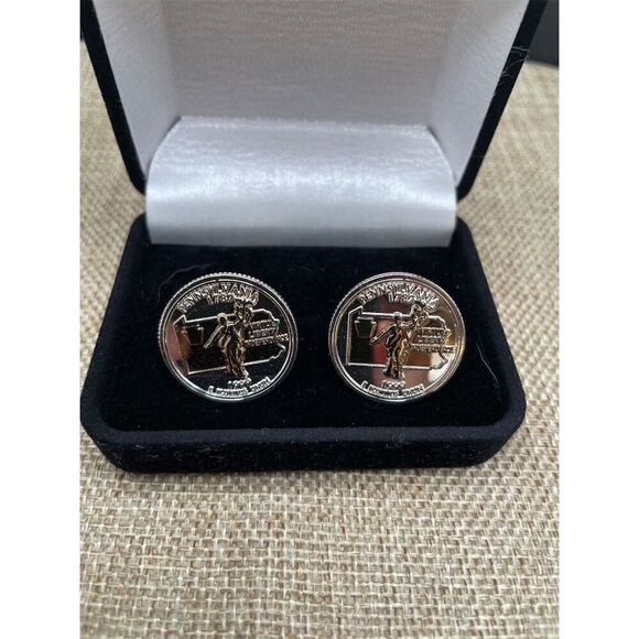 Pennsylvania Quarter Cufflinks Silver Bullet Back Men's Anniversary Gift - Picture 1 of 4